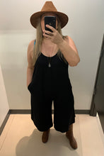 Load image into Gallery viewer, Bamboo jumpsuit in black. wide leg jumpsuits in Abbotsford BC. Loose fitting jumpsuits with pockets. Jumpsuits in Fraser Valley BC
Canadian owned 
Jumpsuits with pockets near me. Jumpsuits made in Canada. Best fitting jumpsuit for curvey girls. 
