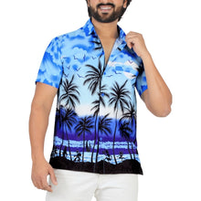 Load image into Gallery viewer, Blue Palm Tree Sunset Design Hawaiian Button Up Men&#39;s Shirt. Tropical shirts for vacation
