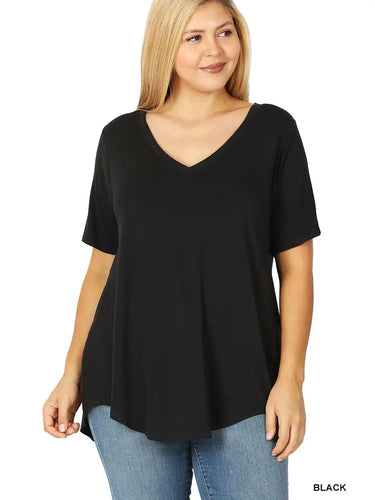 LUS SIZE LUXE RAYON SHORT SLEEVE V-NECK HI-LOW HEM TOP  Fabric Content: 95% RAYON 5% SPANDEX Plus Size Clothing