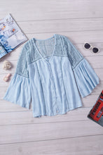 Load image into Gallery viewer, Light Blue Blouse With Ladder Lace. Supporting Local Canadian Businesses.
