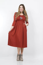 Load image into Gallery viewer, Burgundy Shirred Dress With Mid Length Sleeves and Pockets. Plus is dresses with pockets in Abbotsford BC. Fraser valleys best selection of plus size clothing at great prices
