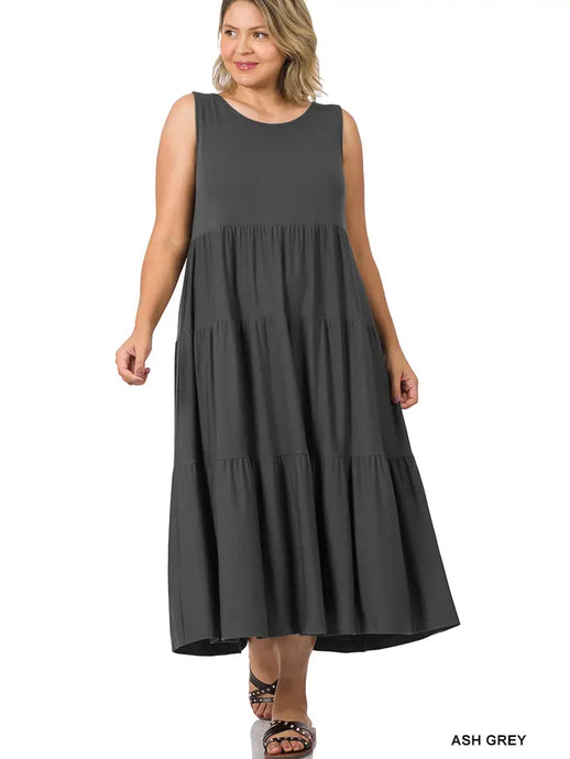Flattering PLUS SIZE SLEEVELESS TIERED MIDI DRESS. Plus size fashion in Canada. Best Canadian Plus size brand Sunlaced Apparel in Abbotsford BC