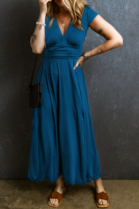 Peacock Blue V-Neck short sleeved dress. Formal and casual wear.