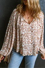 Load image into Gallery viewer, White/Brown Print Long sleeve women&#39;s blouse from Fraser Valley, B.C. Western print with tassel neck
