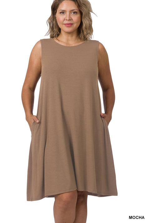 Sleeveless Plus sized flared dress with pockets. Best fitting plus size dresses in Canada. Canadian Plus sized retailer.Summer dress Beach dress Side pockets Flowy & Classic Great to pair with cardigan.