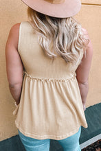 Load image into Gallery viewer, Oatmeal coloured babydoll tank top with front button decoration. Flared bottom of top.
