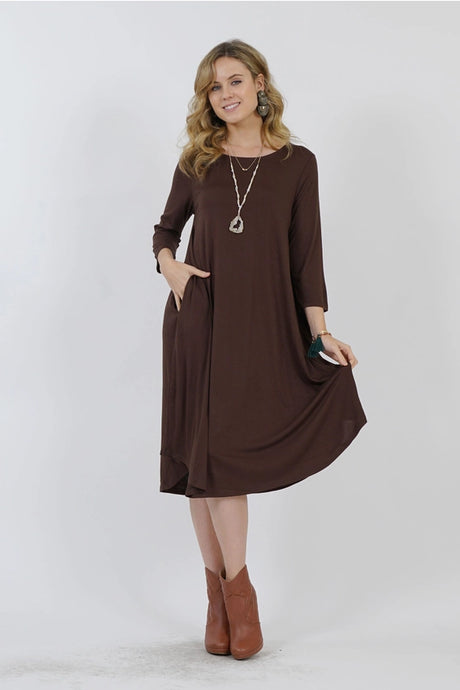 Dark chocolate plus size midi dress with long sleeves and pockets for Fall