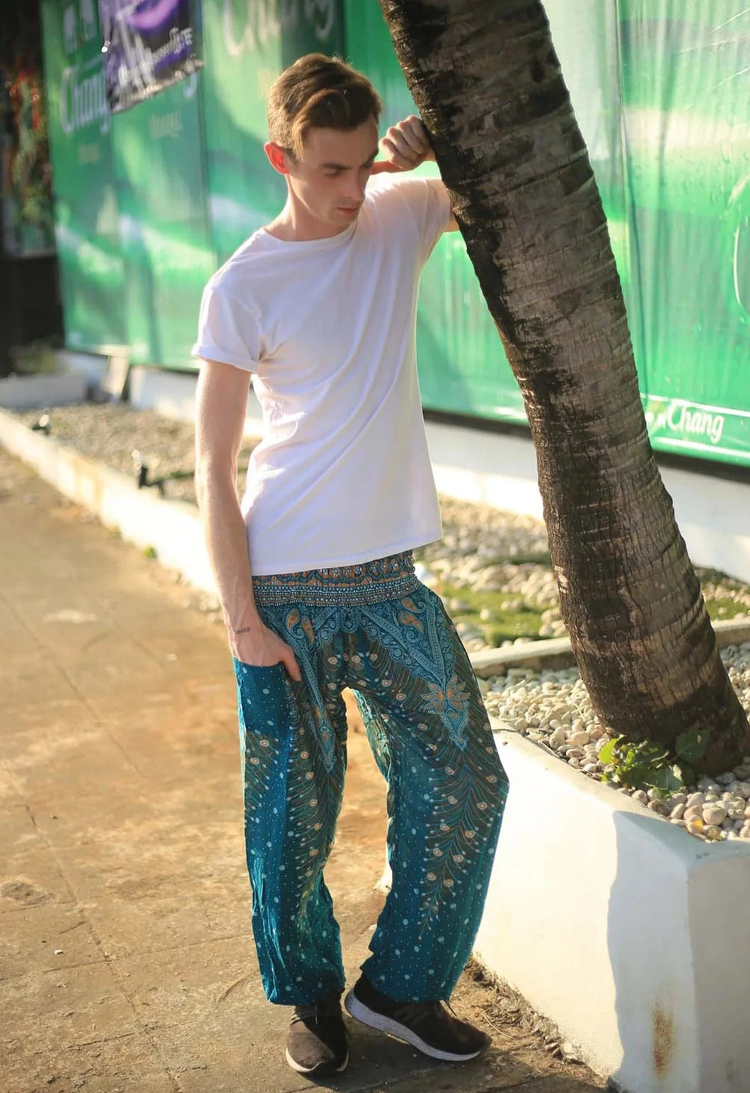 Teal color harem pants for men. Elastic waist comfortable beach pantts for men. Casual laid back style pants