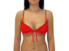 Load image into Gallery viewer, women&#39;s bikinis in Fraser valley local made 
Ethically sourced beachwear. Bathing suits near you. Swimwear for women in Abbotsford BC.
Bikinis for beach babes. 
Sexy red two piece swimsuit from Viol a Swimwear.
