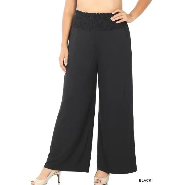Smoked elastic waist Plus size wide leg pants by top plus size fashion retailer in Canada Sunlaced Apparel