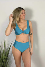 Load image into Gallery viewer, premium fabrics used in the local handmade swimwear collection available now at sunlaced apparel. High waisted bikini in turquoise comfortable and flattering size inclusive swimwear from sunlaced apparel at Highstreet shopping center in Abbotsford.
