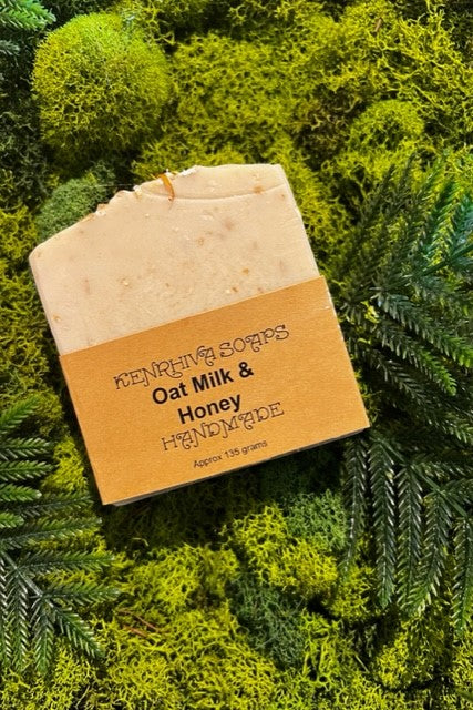 Locally Made Oat Milk and Honey Bar Soap. Contains castor oil, coconut oil, and essentials oils. Vegan and each bar is 135 grams