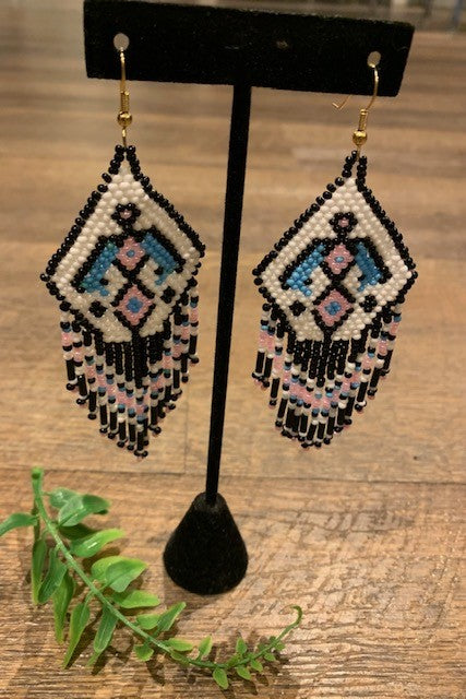Large Multi-coloured beaded earrings. Made by a B.C indigenous artist. Features the colours black, white, blue, and pink