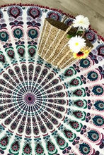 Load image into Gallery viewer, white circular tapestry with peacock designs
