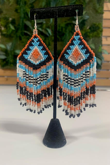 Orange/Blue/Black/White Hand Beaded Dangle Earrings. Made by Indigenous Artists in Maple Ridge, Canada