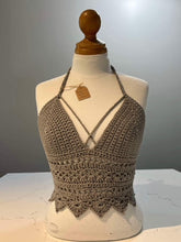 Load image into Gallery viewer, Brown Crochet Bralette Crop Top. 60% Acrylic 40% Cotton Blend. Made Locally in B.C. 
