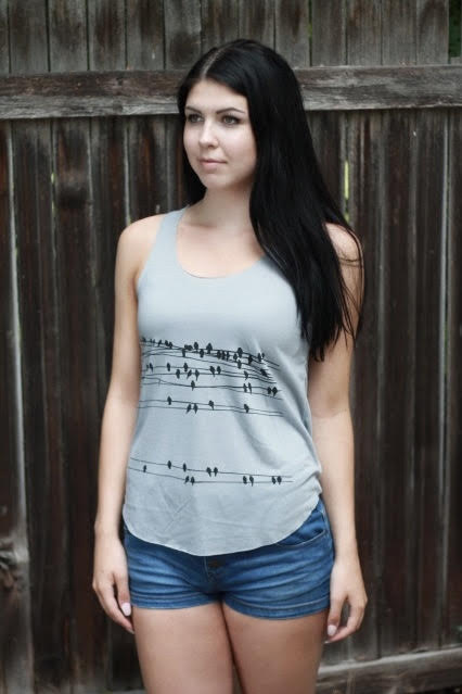 bamboo clothing canada
Grey Bamboo Tank Top With Bird Powerline Design. Handmade in Vancouver.