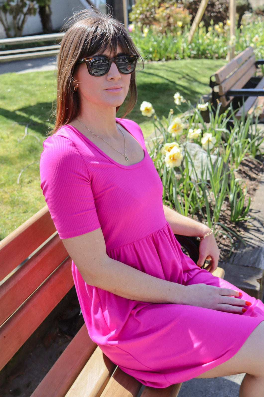 Medium Sleeved Dress in Pink With an Empire Waist. Designed in Vancouver With Sustainable Bamboo Fabric.