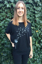 Load image into Gallery viewer, Black Bamboo Off the Shoulder Slouchy T-Shirt. Super Comfortable and Stretchy Shirt With a Dandelion Graphic. Bohemian style blouses. Bohemian Abbotsford. Hippie style Abbotsford/
