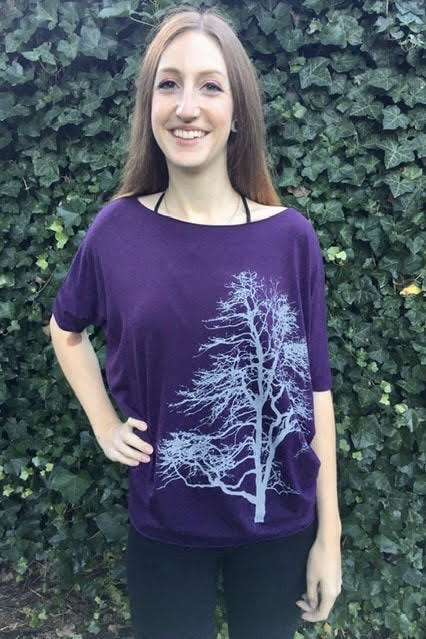 Dark Purple Bamboo Slouch T-Shirt Blouse With Tree Graphic Design. Hand Made Locally in Vancouver, Canada.
Bamboo women's clothing Abbotsford. Bamboo tops Abbotsford. Bamboo clothing retailer Abbotsford. In store Bamboo clothing Abbotsford.