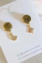 Load image into Gallery viewer, Geode Druzy Crystal Stud Earrings With Moon and Star.
