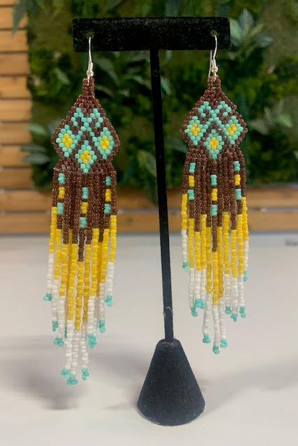 Brown/Blue/White/Yellow Hand Beaded Earrings Made Locally in British Columbia, Canada.