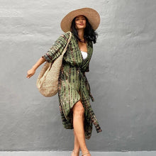 Load image into Gallery viewer, Unique hand tie dyed cover ups. Sage green. Dramatic outfit layers. Resort wear in BC. Trendsetting fashion in BC
