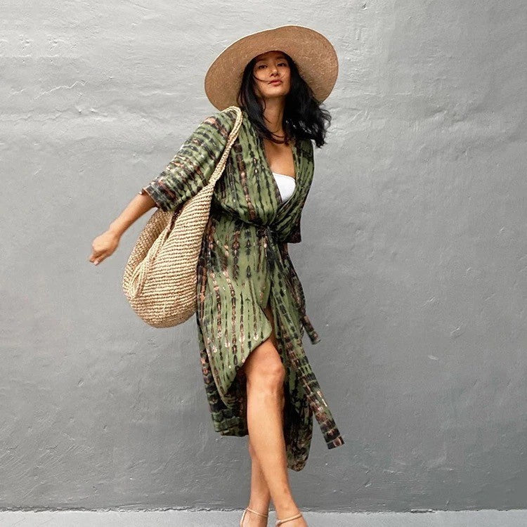 Unique hand tie dyed cover ups. Sage green. Dramatic outfit layers. Resort wear in BC. Trendsetting fashion in BC
